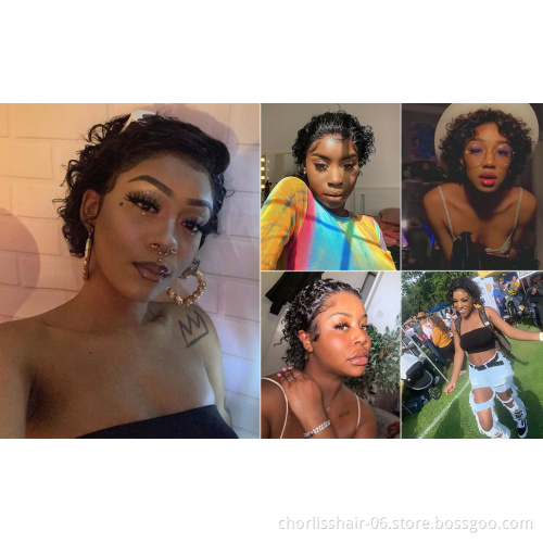 Wholesale Honey Brown Color Glueless Cheap Pixie Short Peruvian Hair Wig Kinky Curly Human Hair Lace Frontal Wig For Women